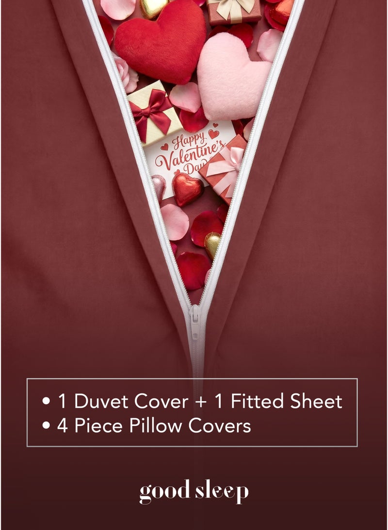 نوم جيد **طقم لحاف فاخر ثنائي اللون (6 قطع) – عنابي مخملي & وردي خدّي | مقاس كينج 220×240 سم | مايكروفايبر فائق النعومة، مقاوم للتجعد | إغلاق بسحّاب مخفي | صنع في دبي | 1 غطاء لحاف + 1 ملاءة مطاطية + 4 أغطية وسائد** - Image 4